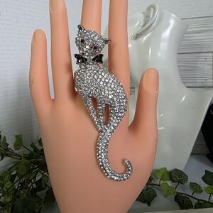 Wow! Vintage Large Rhinestone Silver Cat Pave Stretch Ring